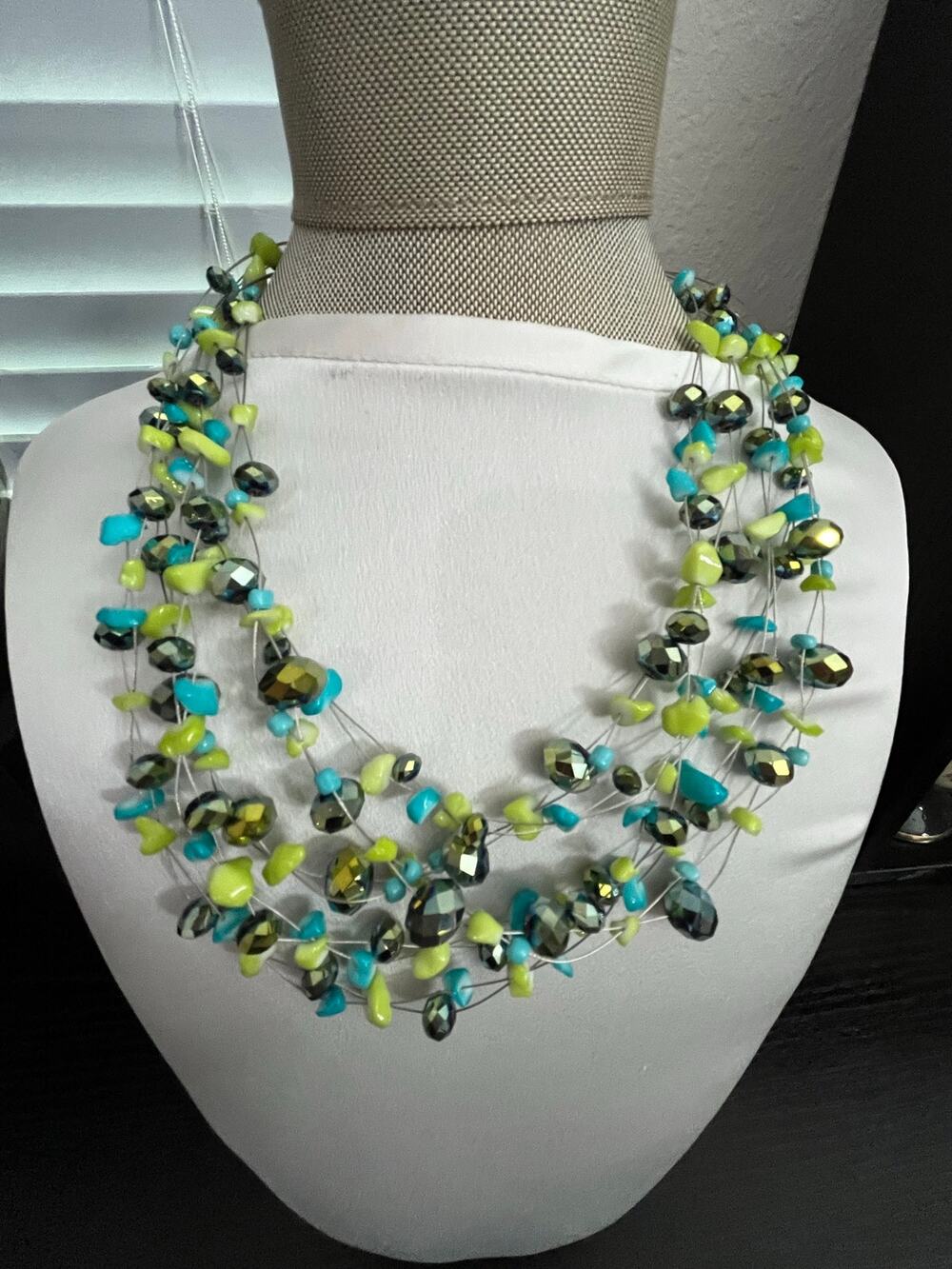 Chico's Lime Green & Turquoise Multi Strand Confetti Bead Statement Necklace